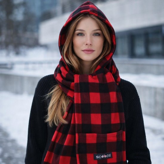 7029-1 : Scoodie Detachable Hooded Scarf- red-black-size R