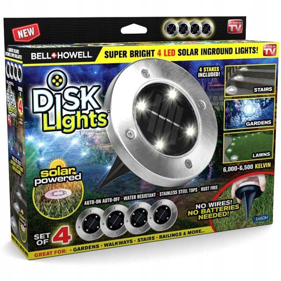 350 : Set of 4 Solar Ground Disk Lights – Outdoor Lamps for Garden, Pathways & Yard