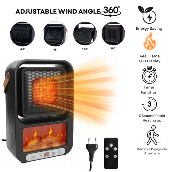 Przenośny grzejnik elektryczny z kominkiem LED | Pilot w zestawie
