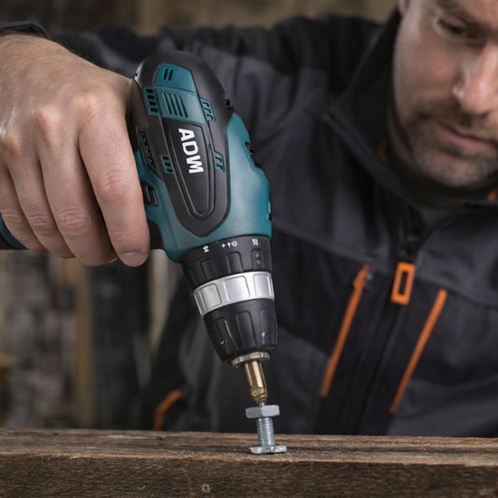 395 : ADM Cordless screwdriver + two batteries 12V, set 77pcs