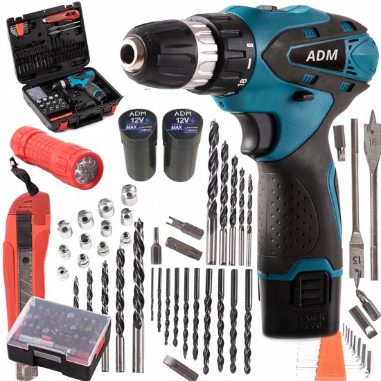 395 : ADM Cordless screwdriver + two batteries 12V, set 77pcs