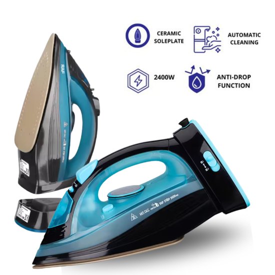 Bezprzewodowe Elektryczne Żelazko Parowe Z Ceramiczną Płytą - Niebieskie