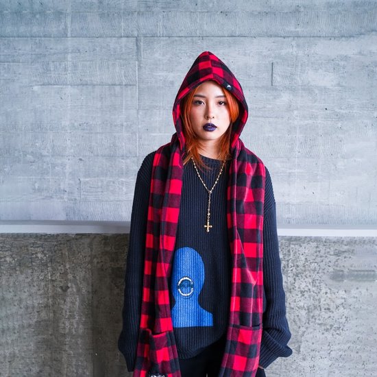 7029-2 : Scoodie Detachable Hooded Scarf- red-black-size L