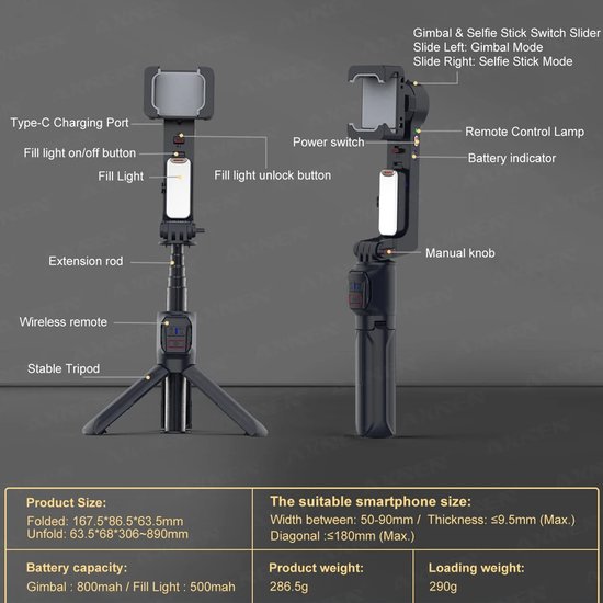 6034 : 2-axis gimbal stabilizer & selfie stick | removable fill light A10