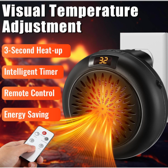 137 : Portable Wall Mini Electric Heater 900W with Remote Control-Black